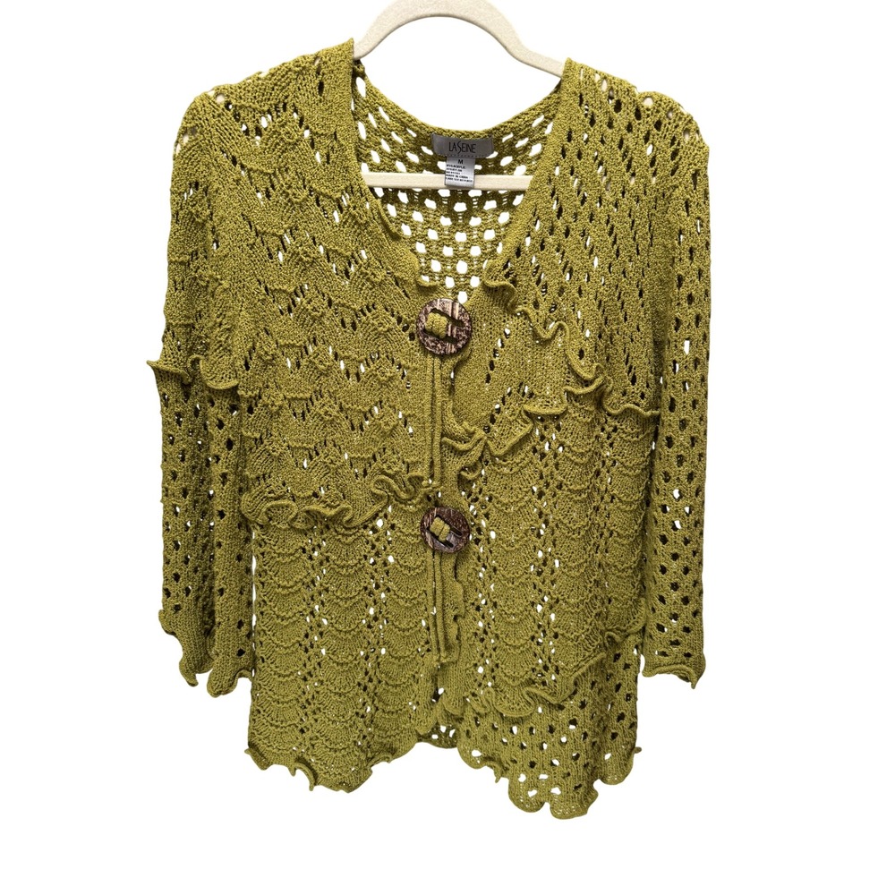 La Seine Cardigan Women‎ M Green Knit Crochet Ruffle Boho Pointelle Grannycore